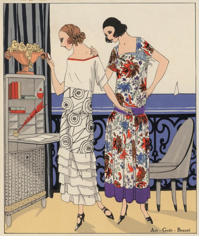 Damemote fra 1920-tallet av designerne Philippe og Gaston og Martial og Armand. (fargelitografi) av French School