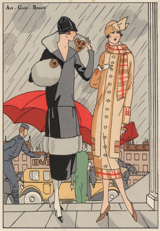 Damemote fra 1920-tallet av designerne Premet og Gustave Beer. (fargelitografi) av French School