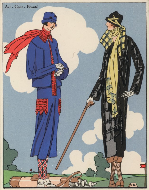 Golfklær for kvinner fra 1920-tallet av designerne Martial og Armand, samt Christoph Drecoll. (fargelitografi) av French School