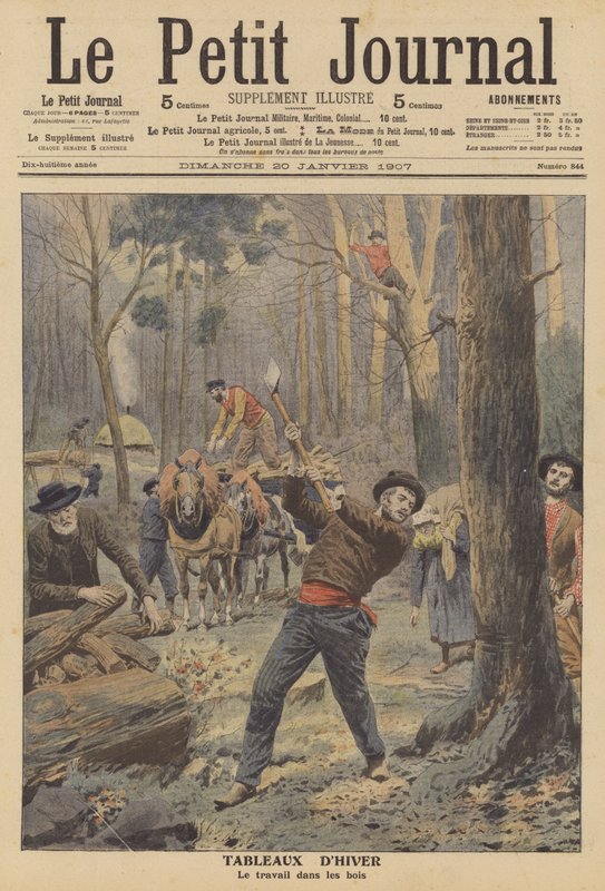 Vedhoggere på jobb om vinteren (farge litho) av French School