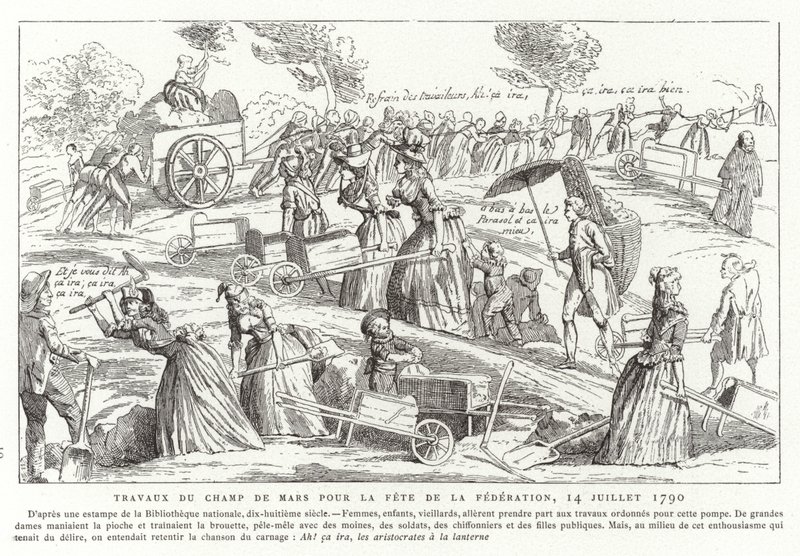 Arbeider på Champ de Mars som forberedelse til Fete de la Federation, Paris, den franske revolusjonen, 14. juli 1790 av French School