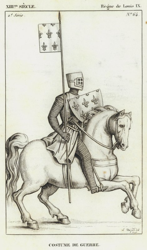 XIII Century, Reign of Louis IX, Krigsdrakt (gravering) av French School