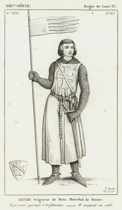 XIII Century, Reign of Louis IX, Henri, Lord of Metz, Marshal of France, representert iført Oriflamme, Han døde i 1265 (gravering) av French School
