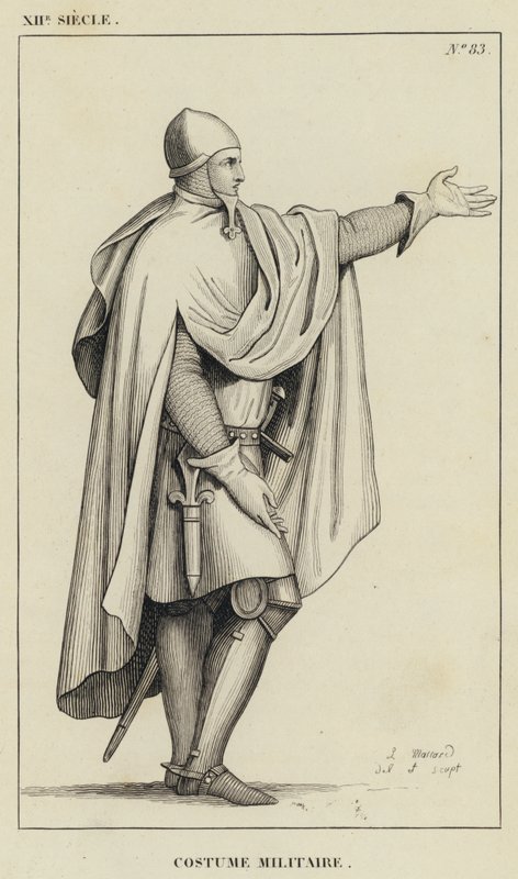 XII Century, militærdrakt (gravering) av French School