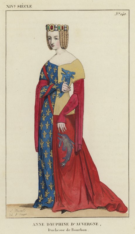 XIV Century, Anne Dauphine av Auvergne, hertuginne av Bourbon (farget gravering) av French School