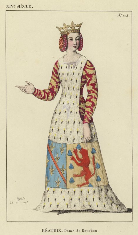 XIV Century, Beatrix, Lady of Bourbon (farget gravering) av French School
