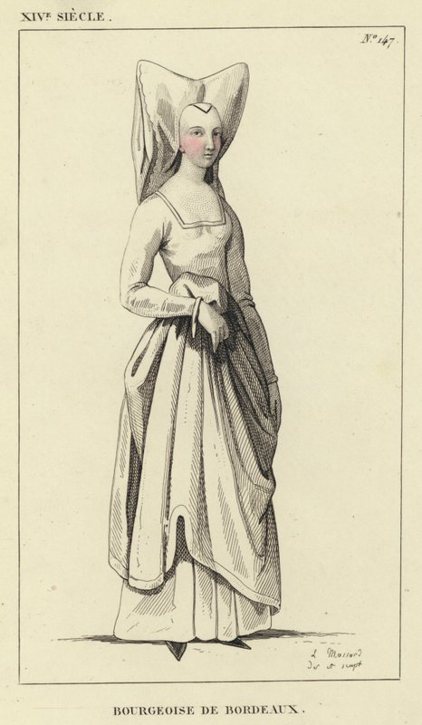 XIV Century, Bourgeoise of Bordeaux (farget gravering) av French School
