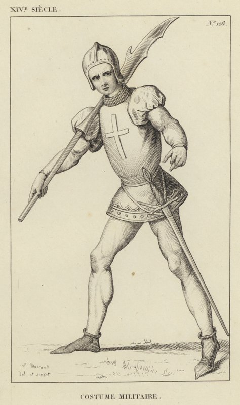 XIV Century, militærdrakt (gravering) av French School