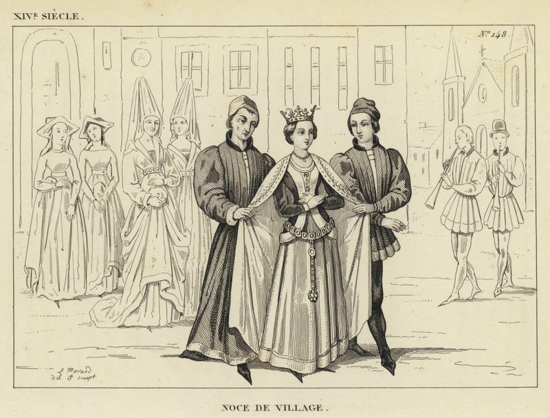 XIV Century, landsbybryllup (gravering) av French School