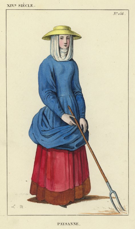XIV Century, bondekvinne (farget gravering) av French School