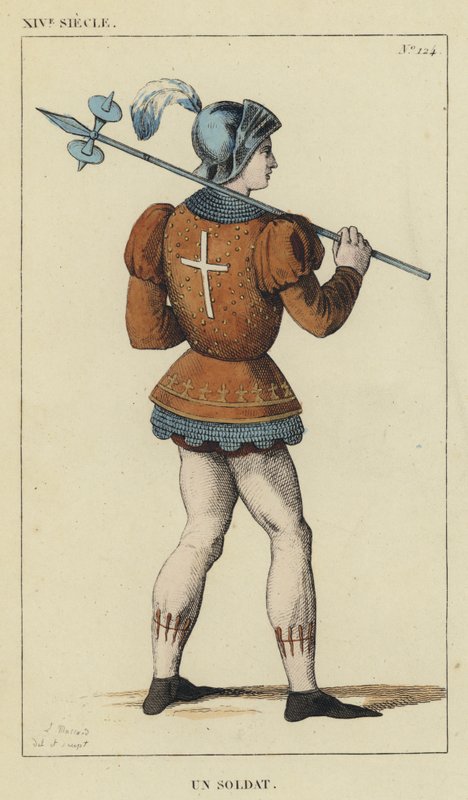 XIV Century, A Soldier (farget gravering) av French School