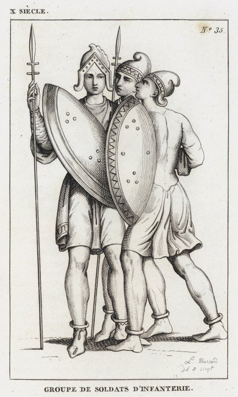 X Siecle, gruppe infanterisoldater (gravering) av French School