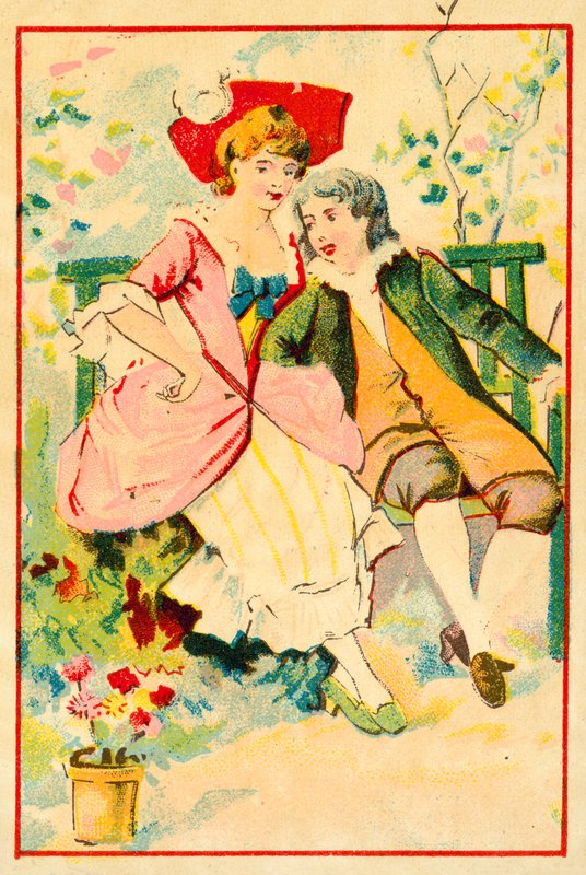 Ungt par på en benk i en hage (chromolitho) av French School