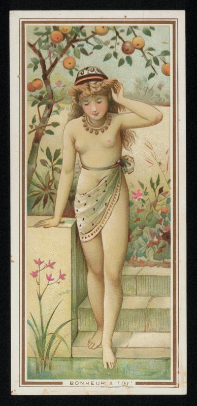 Ung kvinne i en hage, gratulasjonskort. (chromolitho) av French School