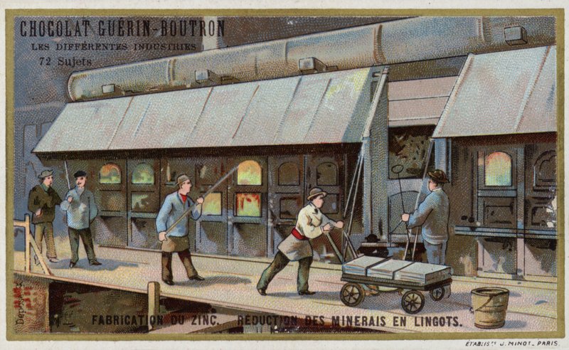 Sink produksjon. Redusere malm til ingots (chromolitho) av French School