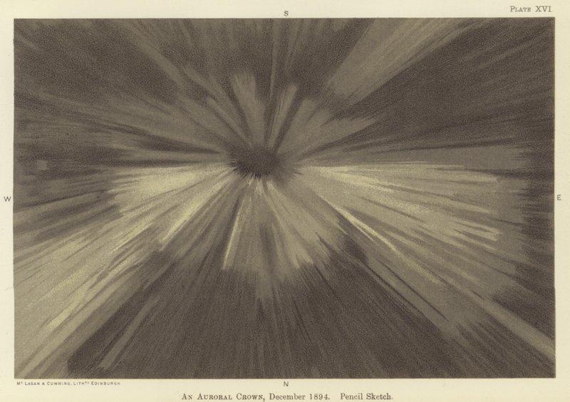 En nordlyskrone, desember 1894, blyantskisse (farge litho) av Fridtjof Nansen