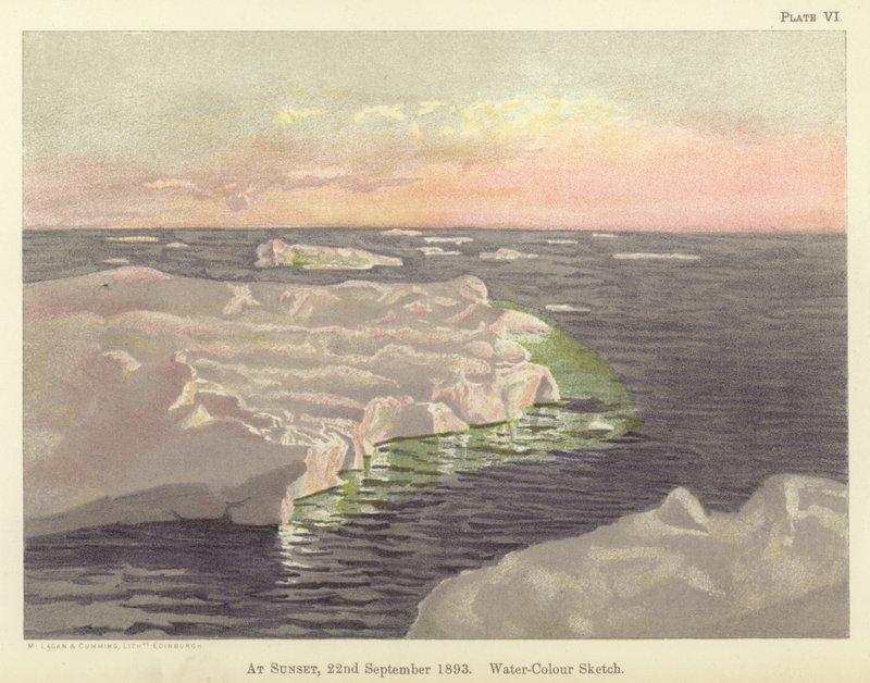 Ved solnedgang, 22. september 1893, akvarellskisse (farge litho) av Fridtjof Nansen