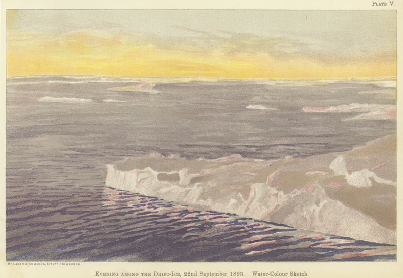 Kveld blant drivisen, 22. september 1893, akvarellskisse (farge litho) av Fridtjof Nansen