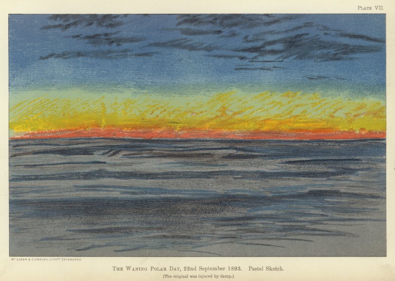 Den avtagende polardagen, 22. september 1893, pastellskisse (farge litho) av Fridtjof Nansen