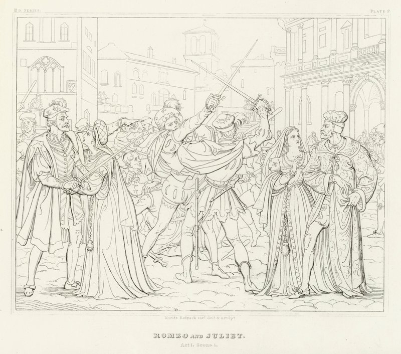 Romeo og Julie, 1. akt, scene 1 (gravering) av Friedrich August Moritz Retzsch