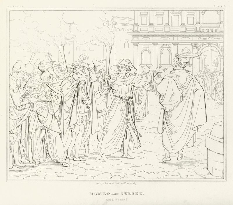 Romeo og Julie, akt I, scene 4 (gravering) av Friedrich August Moritz Retzsch