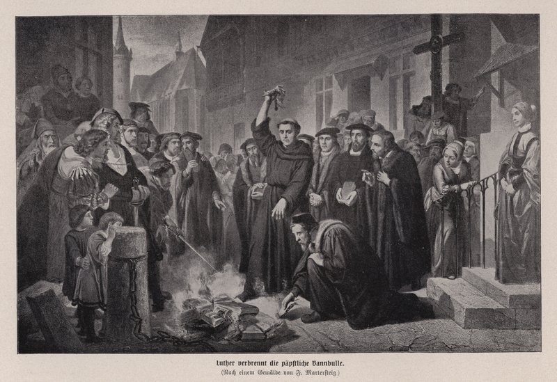 Martin Luther brenner den pavelige oksen i Wittenberg, Tyskland av Friedrich Wilhelm Heinrich Martersteig