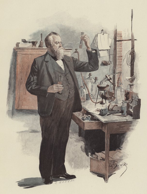 Kammersänger Albert Niemann som kjemiker (Operasangeren Albert Niemann som kjemiker) (farge litho) av Fritz Gehrke
