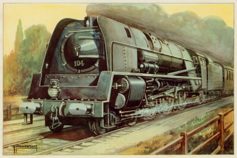 Belgiske nasjonale jernbaner, strømlinjeformet ekspresspassasjerlokomotiv (farge litho) av G.P. Micklewright