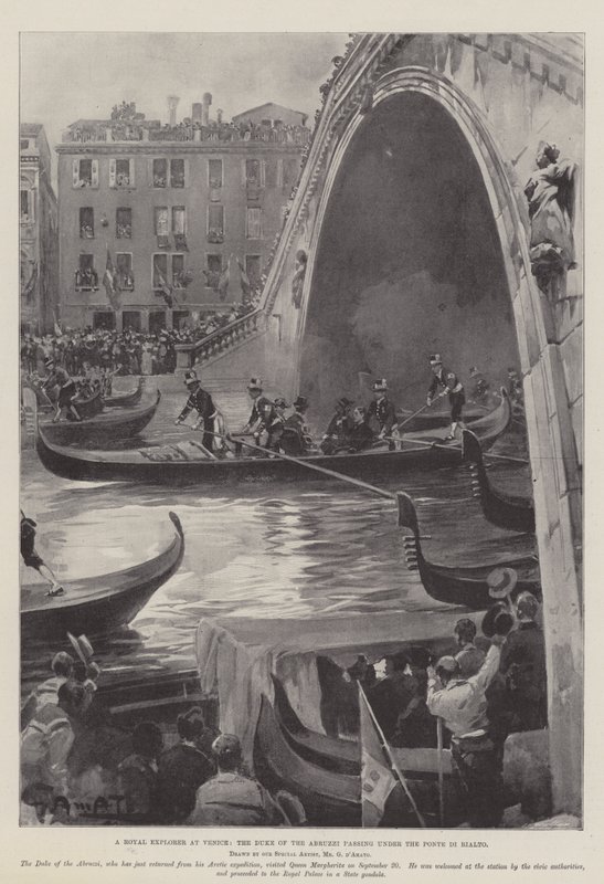 En kongelig oppdagelsesreisende i Venezia, hertugen av Abruzzi som passerer under Ponte di Rialto av G.S. Amato