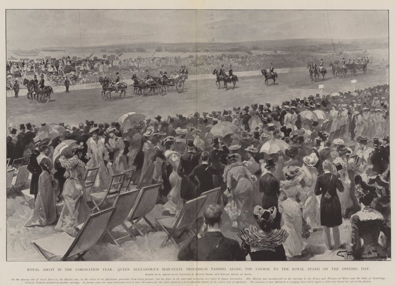 Royal Ascot i kroningsåret, dronning Alexandras halvstatlige prosesjon som passerer langs banen til den kongelige stand på åpningsdagen av G.S. Amato