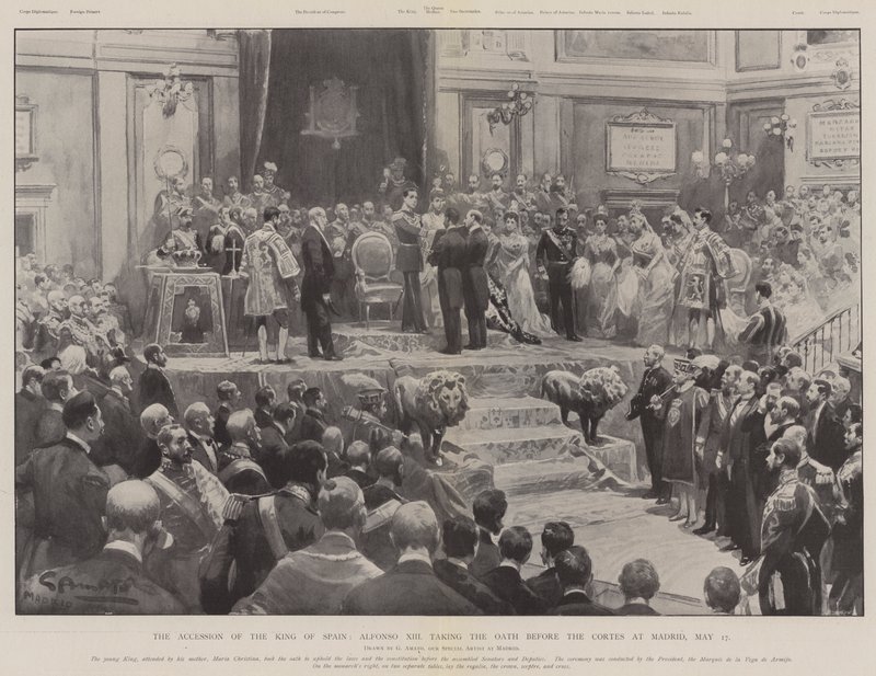 Tiltredelsen av kongen av Spania, Alfonso XIII som avla ed før Cortes i Madrid, 17. mai av G.S. Amato