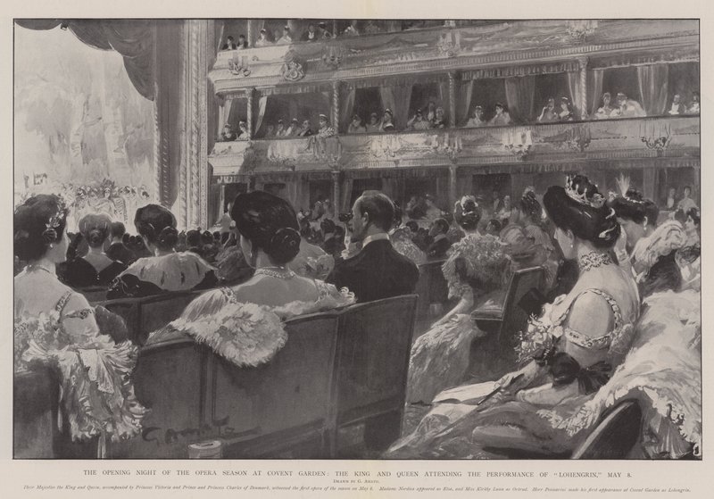 Operasesongens åpningskveld i Covent Garden, kongen og dronningen deltar på forestillingen til Lohengrin, 8. mai av G.S. Amato