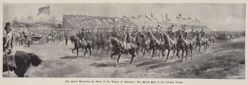 Dronningen gjennomgår Army of the Empire ved Aldershot, marsfortiden til kolonitroppene av G.S. Amato