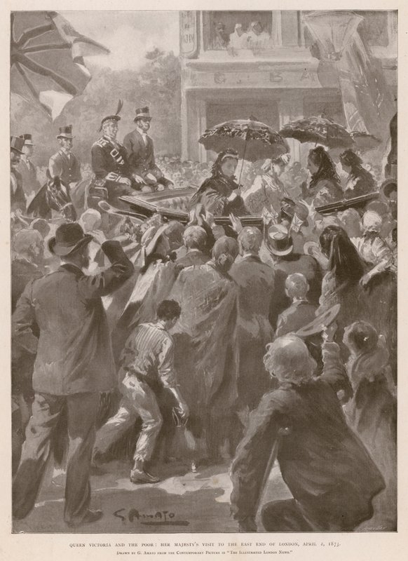 Dronning Victoria og de fattige: Dronningen besøker East End i London, 2. april 1873 (fotogravure) av G.S. (after) Amato