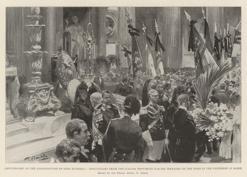 Årsdagen for mordet på kong Humbert, deputasjoner fra de italienske provinsene som plasserer kranser på graven i Pantheon i Roma av G.S. Amato