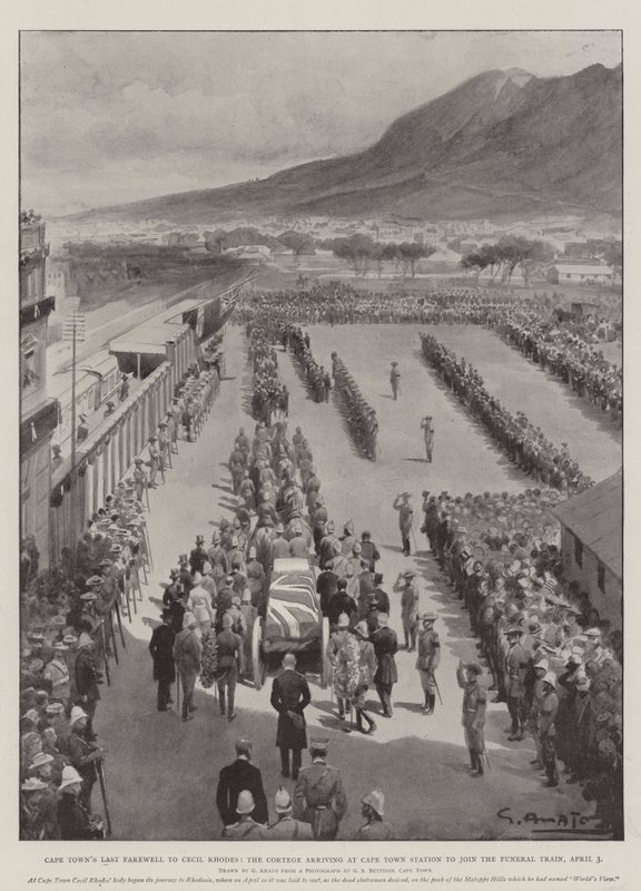 Cape Towns siste farvel til Cecil Rhodes, Cortege ankommer Cape Town Station for å bli med i begravelsestoget, 3. april av G.S. Amato