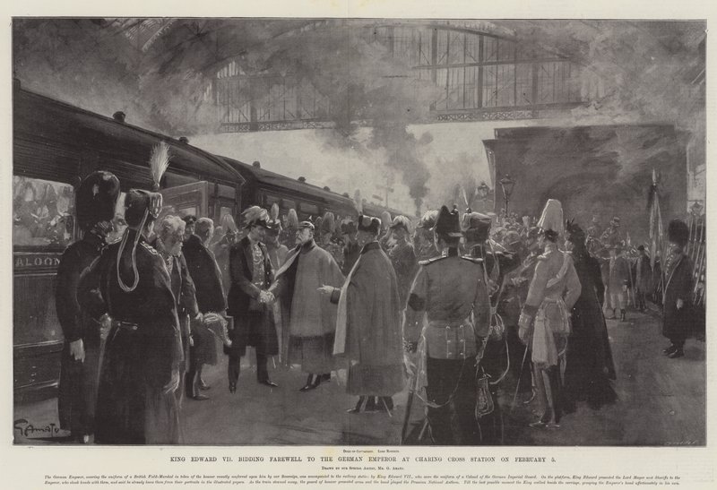 Kong Edward VII tok farvel med den tyske keiseren på Charing Cross Station 5. februar av G.S. Amato