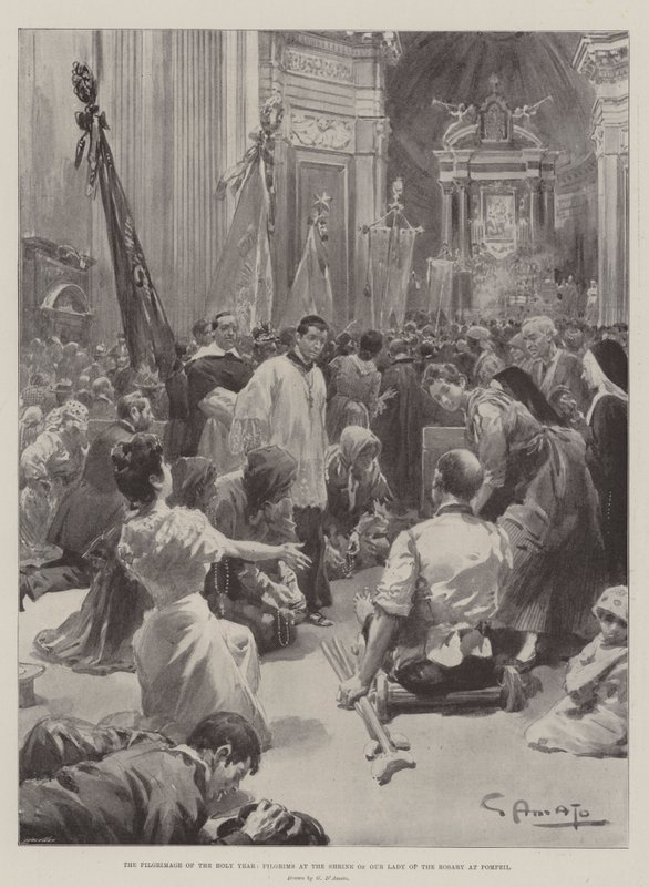 Det hellige års pilegrimsreise, pilegrimer ved helligdommen til Vår Frue av rosenkransen i Pompeii av G.S. Amato