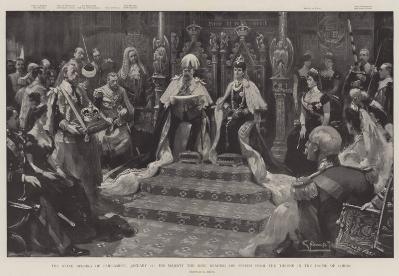 Statens åpning av parlamentet, 16. januar, Hans Majestet Kongen leser hans tale fra tronen i House of Lords av G.S. Amato