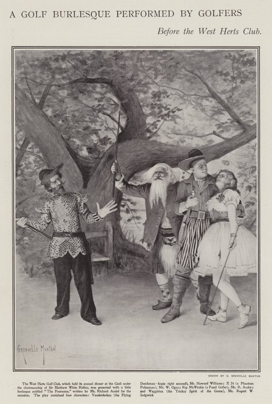 En golfburlesk utført av golfere på West Herts Clubs årlige middag (litho) av G. Grenville Manton