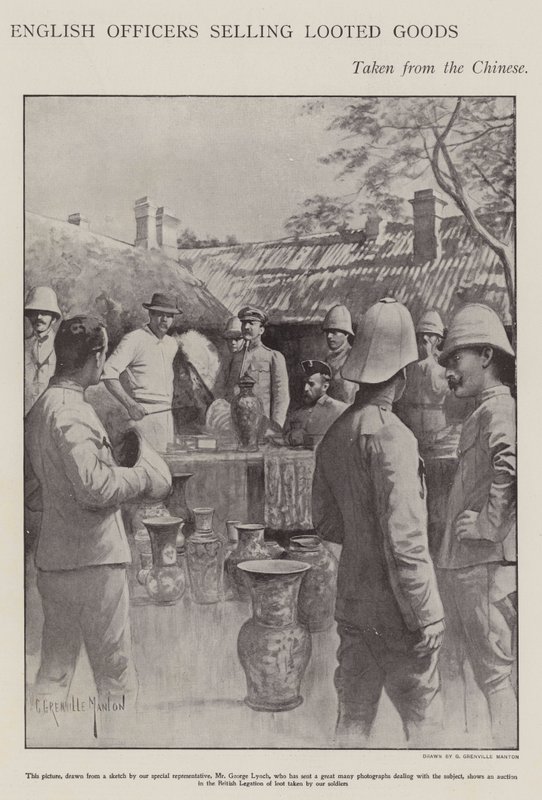 Engelske offiserer som selger plyndrede varer tatt fra kineserne under Boxer Rebellion (litho) av G. Grenville Manton