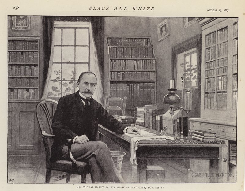 Thomas Hardy i studiet sitt ved Max Gate, Dorchester (litho) av G. Grenville Manton