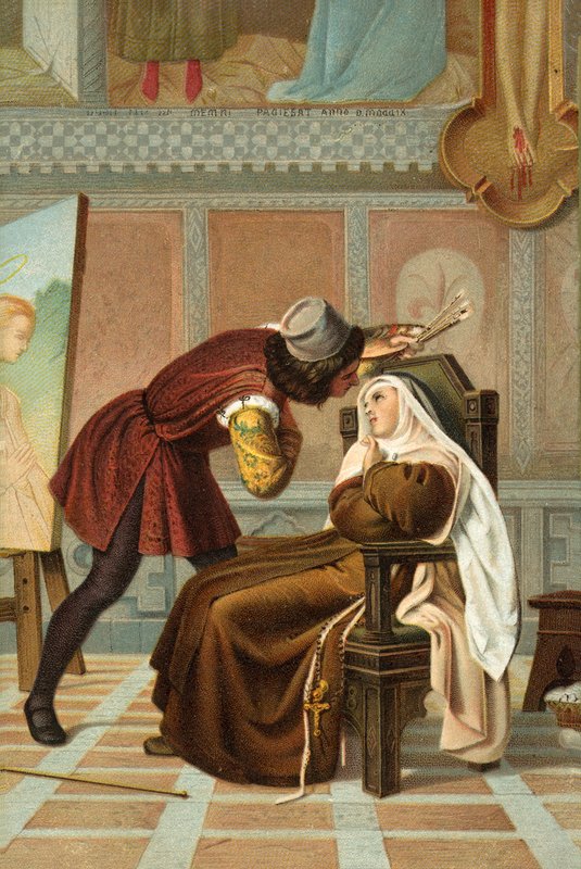 Filippo Lippi og nonnen Buti (farge litho) av Gabriele Castagnola