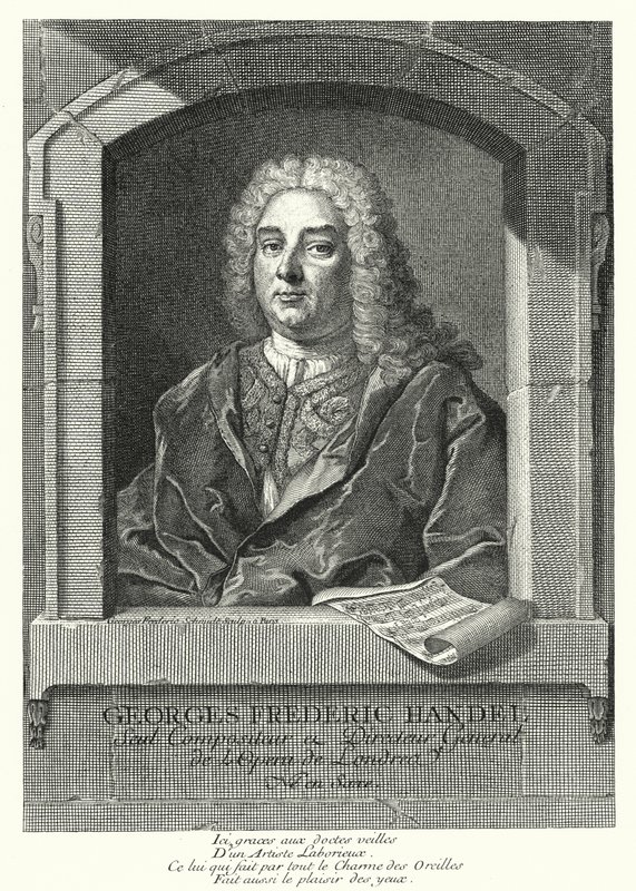 George Frideric Handel , tysk barokkkomponist (gravering) av Georg Friedrich Schmidt