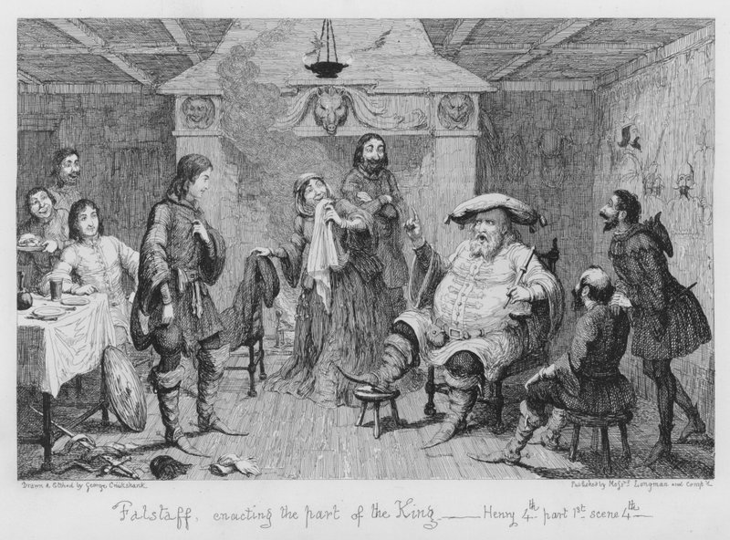 Falstaff vedtar rollen som kongen av George Cruikshank
