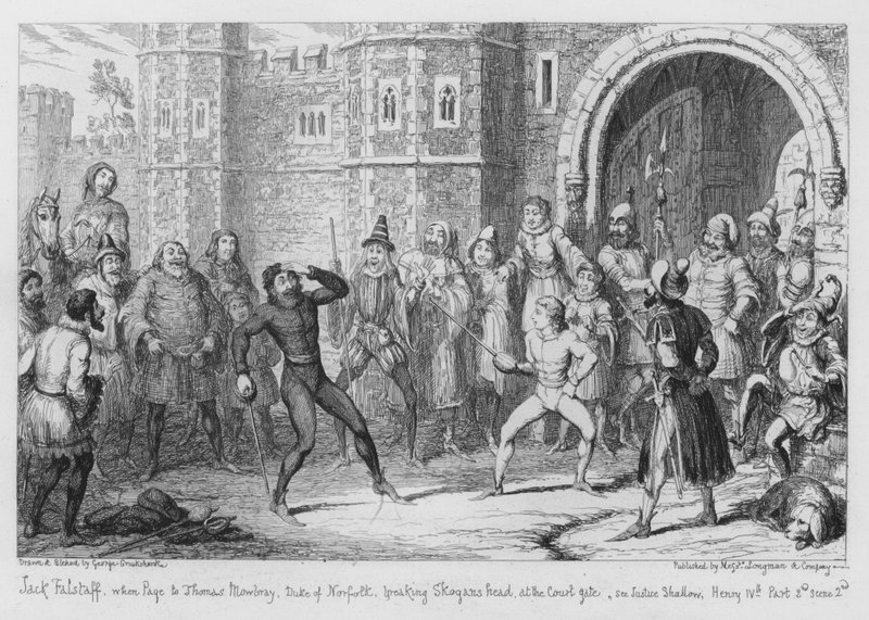 Jack Falstaff, når Page til Thomas Mowbray, hertugen av Norfolk, bryter hodet til Skogan ved rettsporten, se Justice Shallow av George Cruikshank