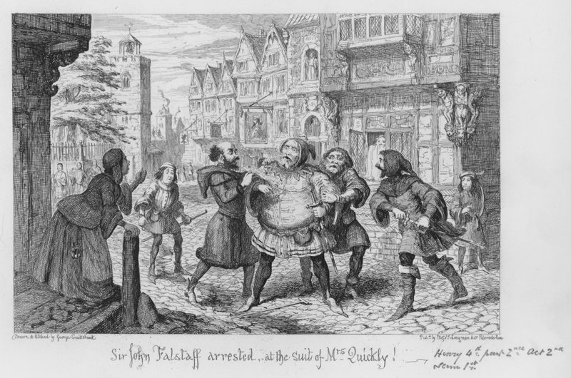 Sir John Falstaff arrestert, etter sak fra Mrs Quickly! av George Cruikshank