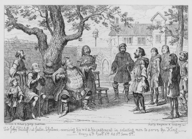 Sir John Falstaff, ved Justice Shallows, utøver sin vidd og sin dømmekraft ved å velge menn til å tjene kongen av George Cruikshank