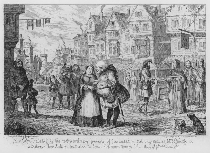 Sir John Falstaff får ved sin ekstraordinære overtalelsesevne ikke bare Mrs Quickly til å trekke sin handling, men også til å låne ham mer penger! av George Cruikshank