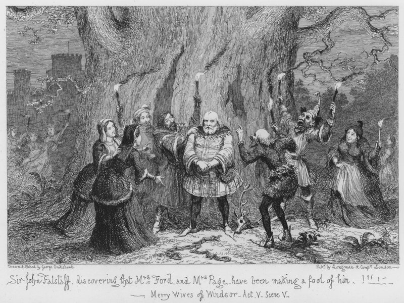 Sir John Falstaff oppdager at fru Ford og fru Page har lurt ham av George Cruikshank